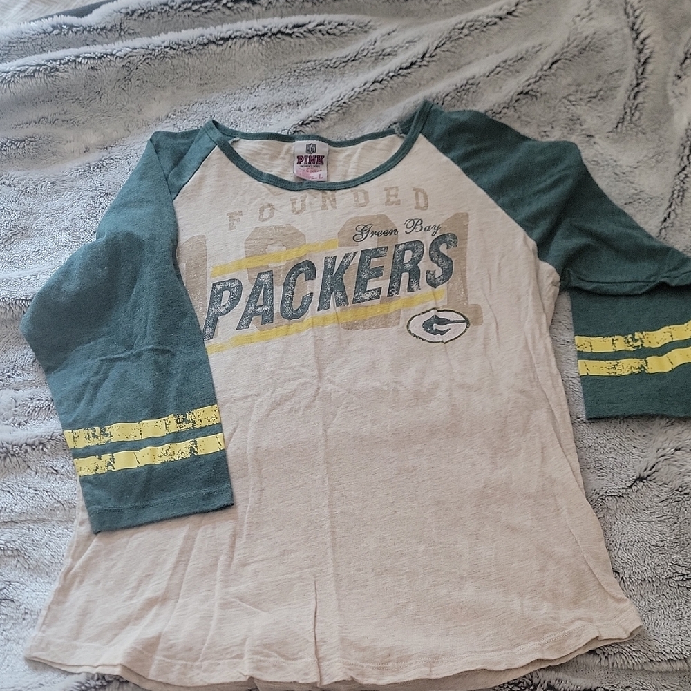 PINK Victoria's Secret Green and Cream Packers 3/4 Sleeve Tee